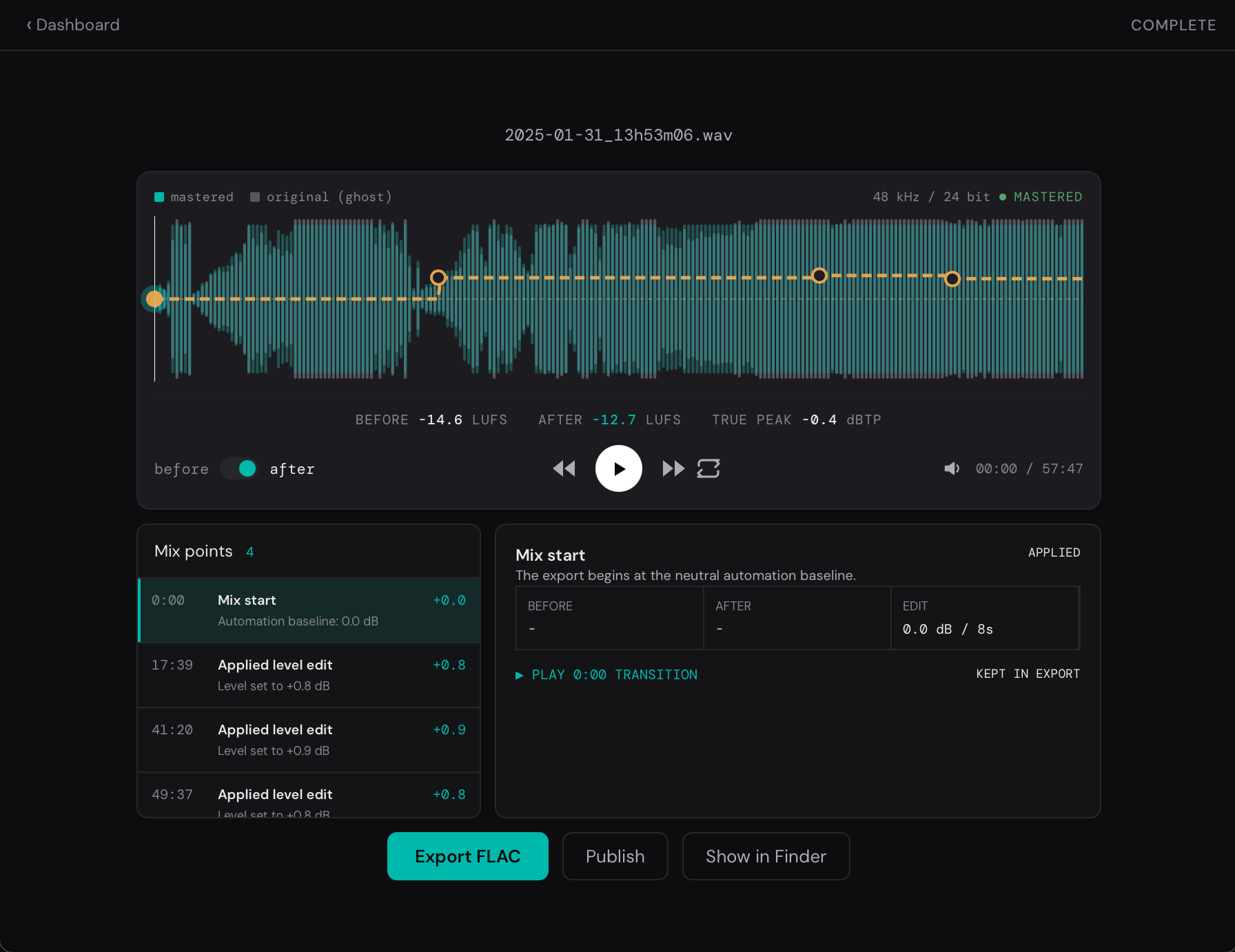 57-minute DJ mix mastered in Acetate with mix points, before/after toggle, and Export FLAC