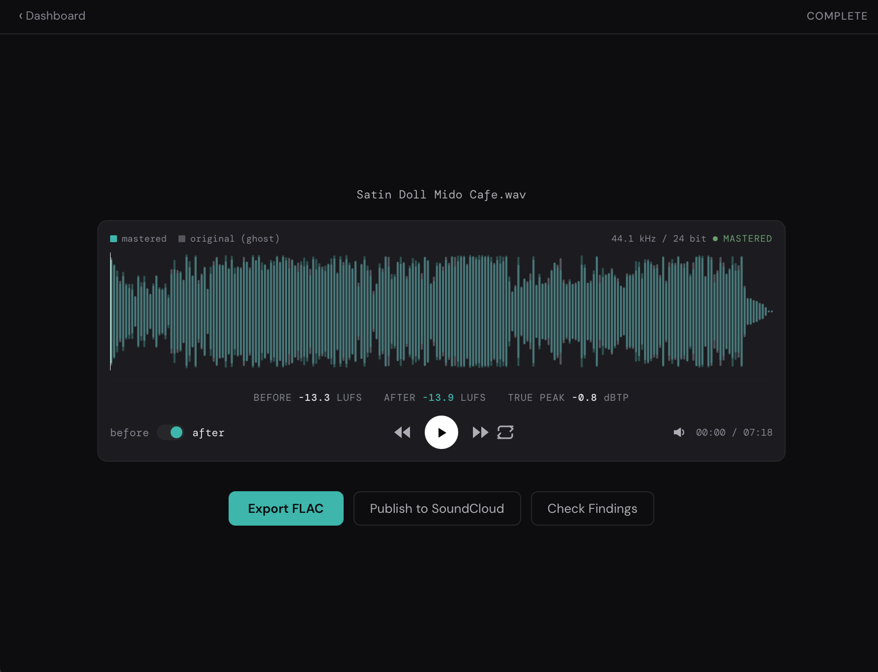 Done screen with Export FLAC, Publish to SoundCloud, and Check Findings buttons